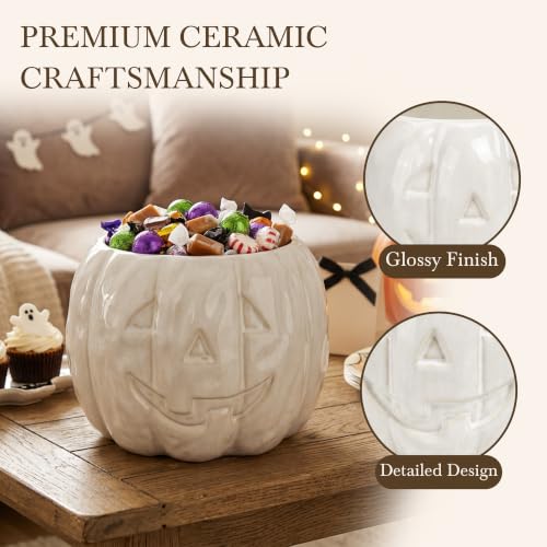 Ceramic Pumpkin Candy Bowl - White Halloween Decorative Dish, 6.5 x 4.7 in