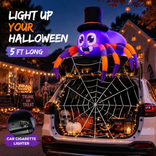 5ft Inflatable Halloween Spider Car Decoration Kit with LED Lights & Web