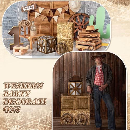 Western Cowboy Party Decorations Set with Hay Bales and Wagon Wheels - Rustic Theme