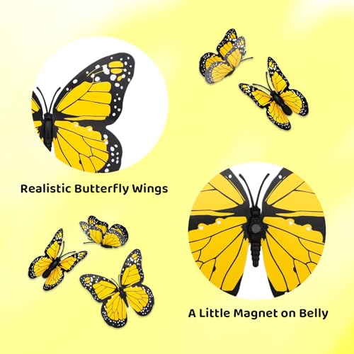 Yellow Monarch Butterfly Decor Set - 48pcs with 4 Sizes & Magnet Attachments