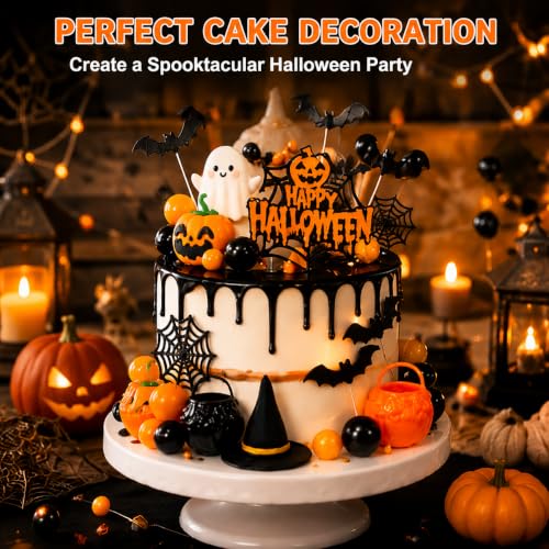 Halloween Cake Topper Set - 40 Pcs Pumpkin Ghost Bat Decor with Sign & Web
