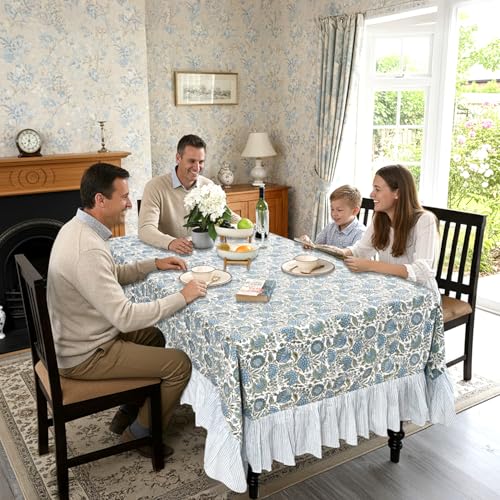 Asparagus Green Cotton Tablecloth 60x60 Ruffle Hand Block Print Decor