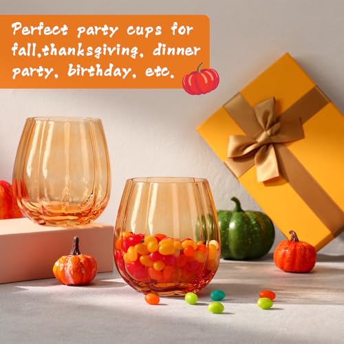 2 Pcs Fall Pumpkin Wine Glasses - Orange 17oz Stemless Glass Cups - Halloween & Thanksgiving Decor