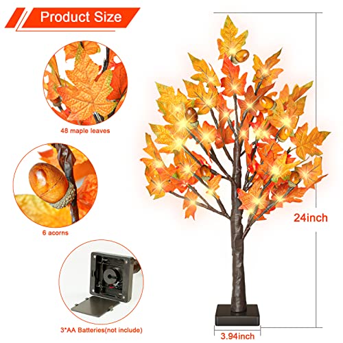 2 Pack 24 Inch Lighted Maple Trees with 36 LEDs & Acorns - Fall Thanksgiving Decor