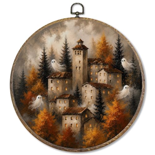 Halloween Ghost Castle Wall Art Decor - Round 10x10 Inch Framed Wall Hanging - Goblin Variation