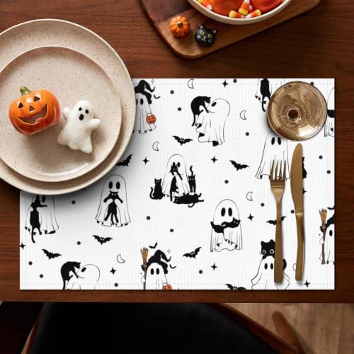 Halloween Farmhouse Placemats Set of 4 - Cats Ghosts Bat Washable Seasonal Table Decor