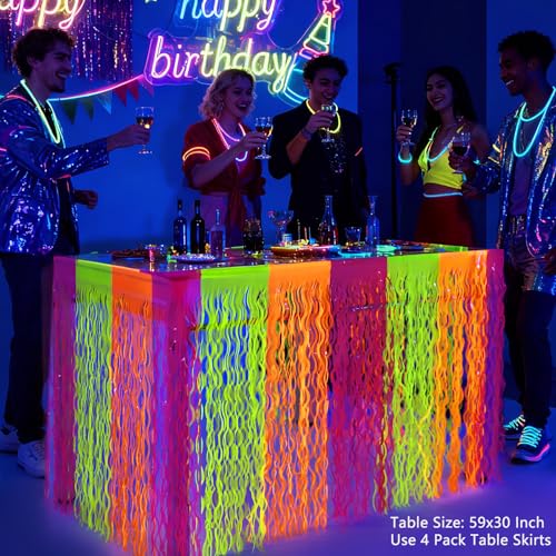 Neon Fluorescent Metallic Tinsel Foil Fringe Table Skirts - 2 Pack, Glow in Dark Party Decor