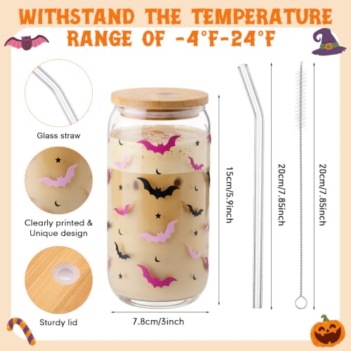 16 oz Halloween Bat Glass Cup with Lid & Straw - Cute Spooky Drinkware