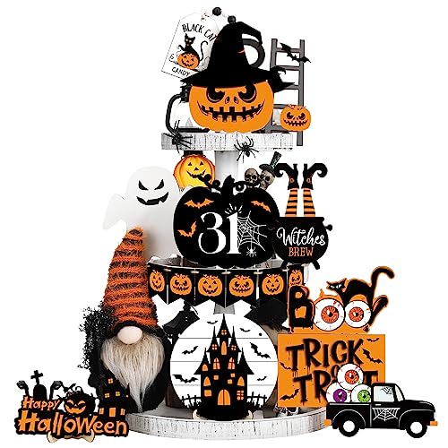 Halloween Wooden Tiered Tray Decor Set with Plush Gnome - 18 Pieces