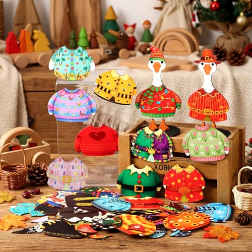 Wooden Goose Figurine Set with 60 Interchangeable Outfits - Festive Desktop Decor