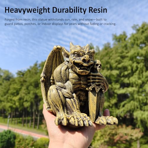 Gothic Gargoyle Statue with Intricate Wings, Demonic Skull, Outdoor Indoor Decor