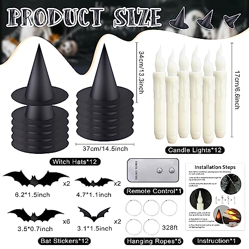 Lighted Floating Witch Hats Halloween Decor Set - 12 Pieces with Candles & Bats