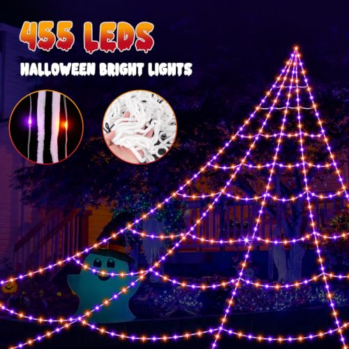 Halloween Spider Web Lights with 455 LEDs and Remote Control - 16.4Ft Outdoor Indoor Decoration