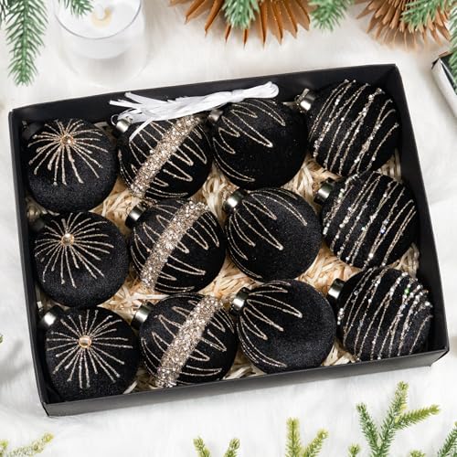 Hismir Velvet Christmas Tree Ornaments - Black 3.15 Inch 12 Pcs Xmas Balls Set