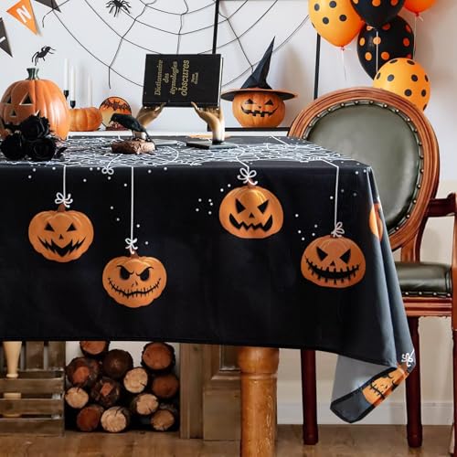 Rectangular Halloween Tablecloth 60x84 Inch Waterproof Pumpkin & Spider Web Design - Washable Party Decor