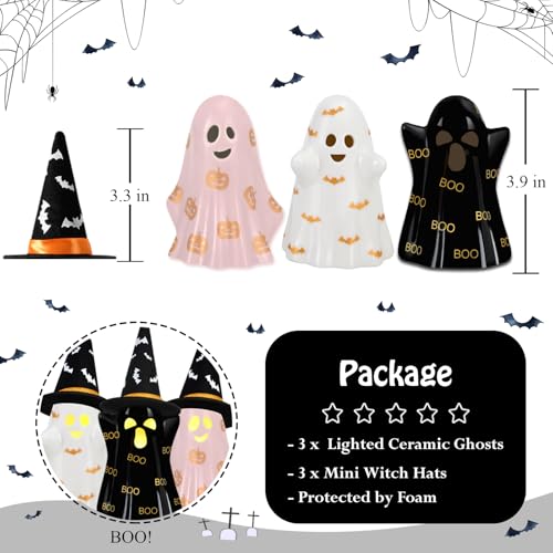 Ceramic Halloween Ghost Decorations Set of 3 with Witch Hats Lighted Indoor Decor
