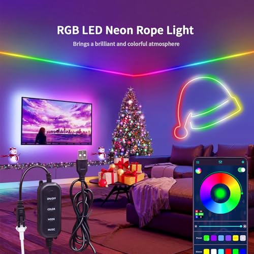 Neon Rope Light 6.56FT RGB LED Strip Light App & Button Control Waterproof