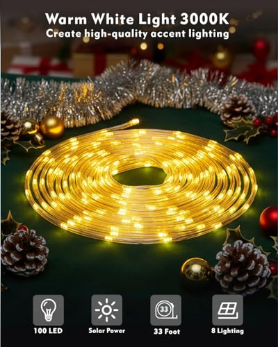 Solar Rope Lights 33FT 100LED Outdoor String Lights with 8 Modes - Warm White