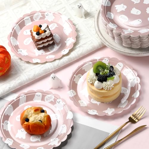 Pink Ghost Boo Halloween Disposable Plates 9 Inch - 100 Pack