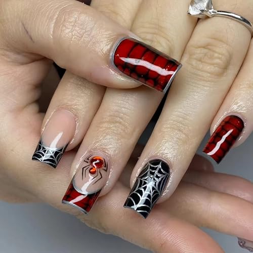 BABALAL Gothic Press on Nails Set - Black & Red Spider Web Halloween Variation BNO311