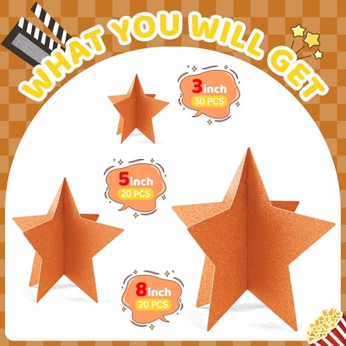 Orange Star Centerpieces Set of 70 for Party Birthday Halloween Thanksgiving Decorations - 3 Sizes