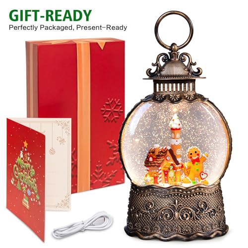 Christmas Snow Globe Lantern - Gingerbread Man Musical Decor with Swirling Glitter, Timer & USB Power
