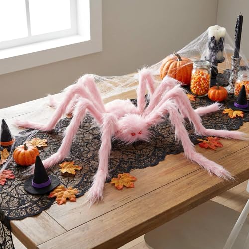 Pink Fuzzy Halloween Spider Decorations Set - Giant & Mini Spiders with Poseable Legs