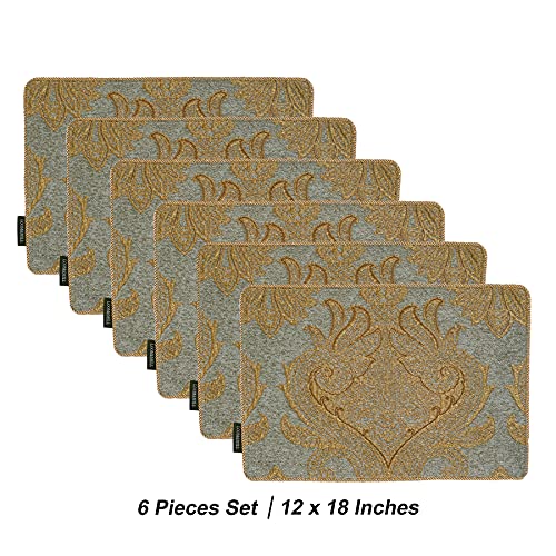 Luxury Chenille Damask Placemats Set of 6 - Blue Gold, Elegant Dining Table Mats with Non-Slip Backing - Loom and Mill