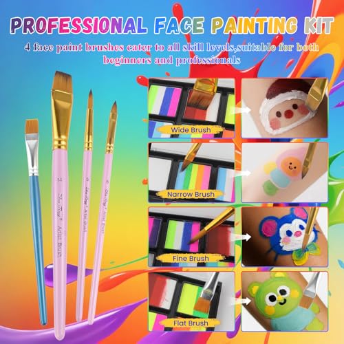 Water-Based Rainbow Face Paint Kit for Adults - 12 Colors & 4 Brushes, Halloween & Cosplay