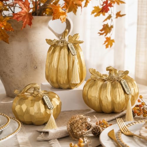 Gold Fall Pumpkin Decor Set of 3 - Faux Resin Autumn Centerpieces with Rustic Stems - Variation Gold#123