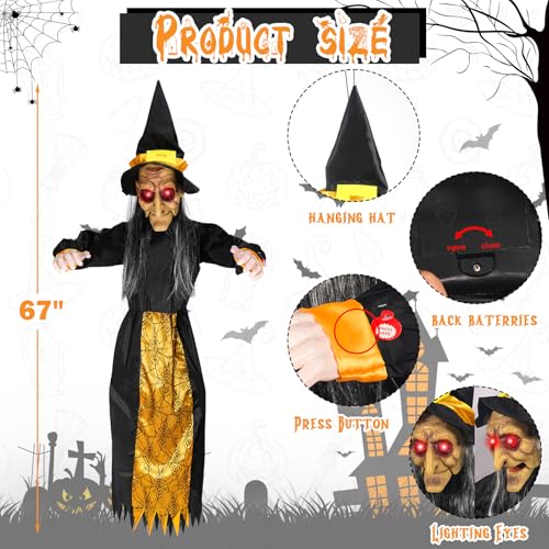 67-Inch Halloween Hanging Witch with Light-Up Eyes & Sound Activation - Outdoor Indoor Decor Yard Garden Black