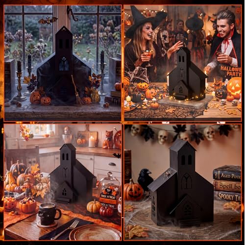 Gothic Haunted House Decor - Metal Village House for Halloween Tabletop - Black & Distressed Finish
