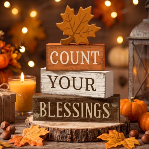 Count Your Blessings Fall Wooden Block Set - Rustic Maple Leaf Decor