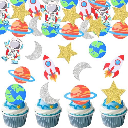 Edible Space Astronaut Cupcake Toppers Set - 12 Variations Planet Rocket Moon