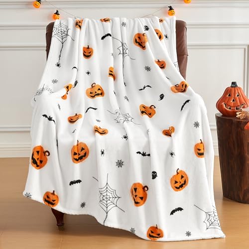 Halloween Throw Blanket 50x60 Inches - Spooky Pumpkin Bat Web Print Cozy Fuzzy Blanket for Couch Bed Kids & Adults - Variation of THIS listing 03 White