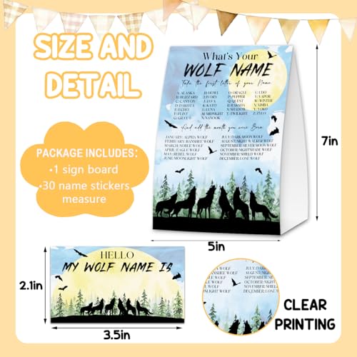 Wolf Name Game 30 Guest Sign & Sticker Set - Woodland Party Variation