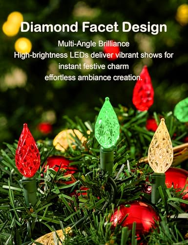 Christmas String Lights Outdoor 50ft 100 LED Faceted C6 - Red White Green