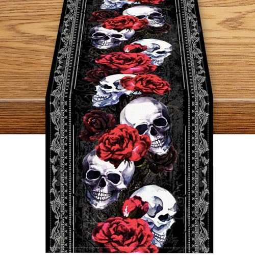 Gothic Table Runner - Retro Black Witchy Skull & Red Rose Design, 13x108 - Variation 3