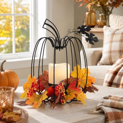 Black Pumpkin Lantern Candle Holder for Fall Decor, Indoor & Outdoor Wrought Iron