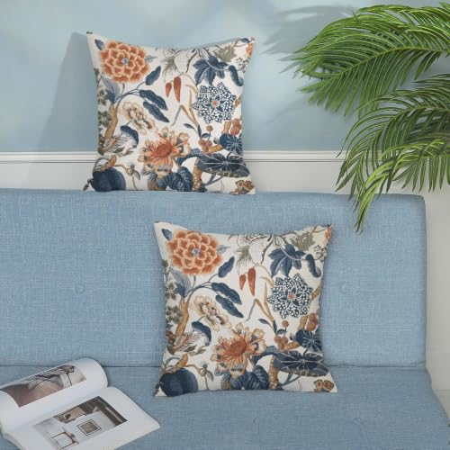 Navy Blue Orange Floral Pillow Covers Set of 2 24x24 Inch Chinoiserie Outdoor Linen