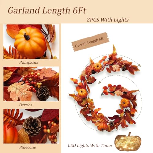 Fake Pumpkin & Maple Leaves Fall Garland with Lights - 1 Piece Autumn Decor for Mantle & Porch