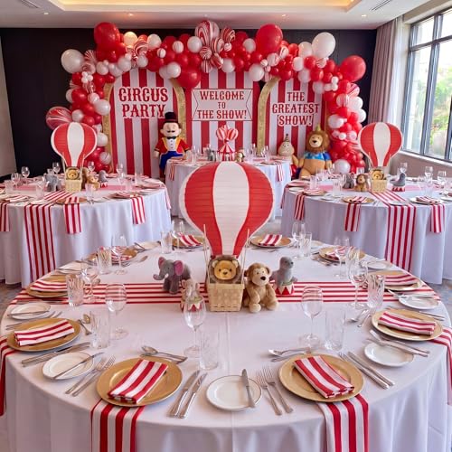 Hot Air Balloon Table Centerpieces Set - Red and White, 8 Pieces with Baskets & DIY Decor