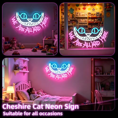 Pink We Are All Mad Here Neon Sign for Wall Decor, Party & Wedding Decoration, Cat LED Light, Personalized Gift
