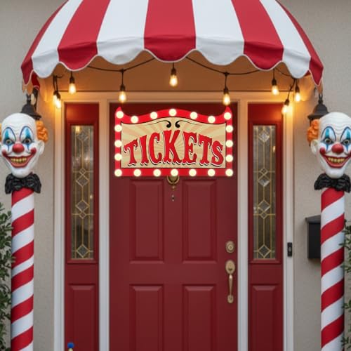Halloween Carnival Ticket Light Up Sign - 16.5 Inch Wooden Decor with LED String - Variation of Ticket