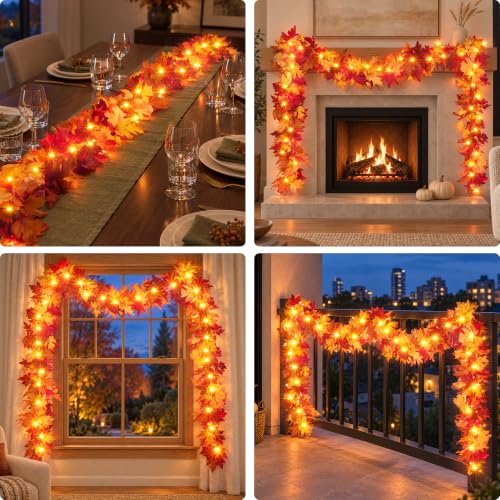 9ft Pre-lit Fall Garland with 50 LED Orange Lights - Waterproof Battery-Operated Autumn Decor - Variation of THIS listing