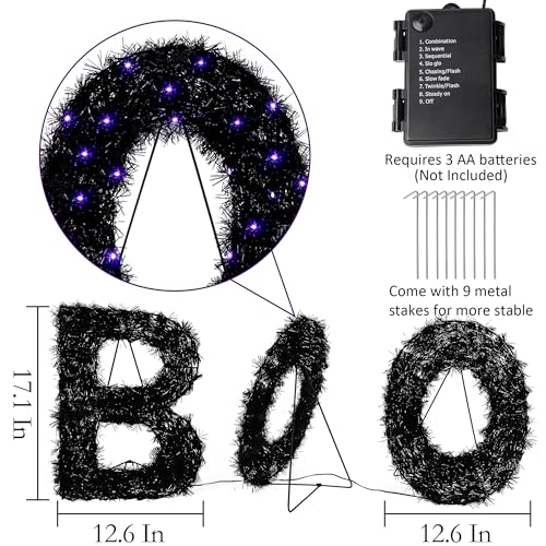 Outdoor Halloween Boo Sign Set with Purple LED Lights - Black & Purple, 3 Pieces