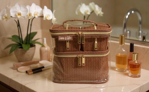 Emma & Chloe Travel Toiletry Bags for Women, 4 Piece Waterproof Cosmetic Case, Set, Pouch Makeup Organizer Bags for Women, Home Counters (Smooth Brown Chevron)