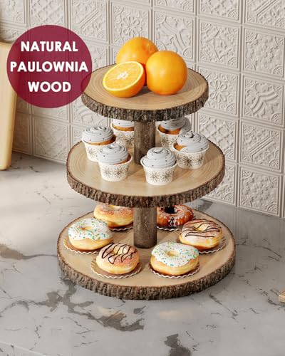 Wood Cupcake Stand 3 Tier Rustic Cake Display Holder - Roud-3 Tier