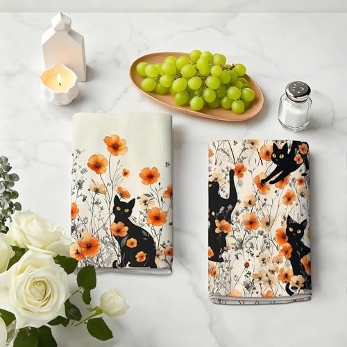 Black Cat Kitchen Towels Set of 4 - 16x24 Orange Floral Hand & Tea Towels