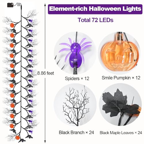 Halloween Garland with Lights 8.86FT 72LED Willow Vine Twig with Timer - Orange & Purple Pumpkins, Spiders, Leaves - Indoor Outdoor Decor